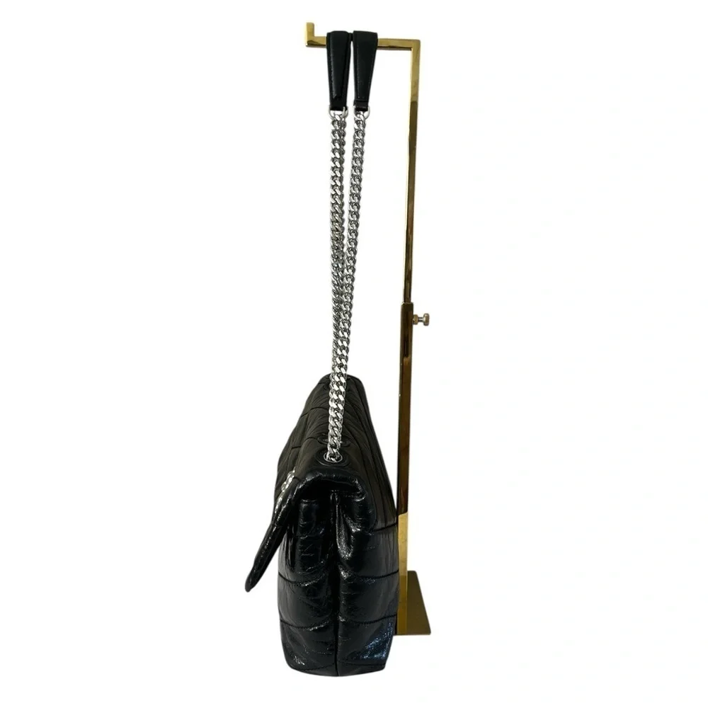 Tory Burch Kira Black Glazed Leather Crossbody Shoulder Bag Silver Hardware